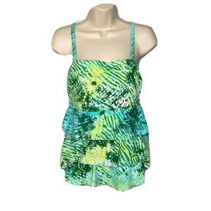 Cacique Swim Flounce Tiered Multicolor Tankini Top Molded Cups No Wire Sz 14